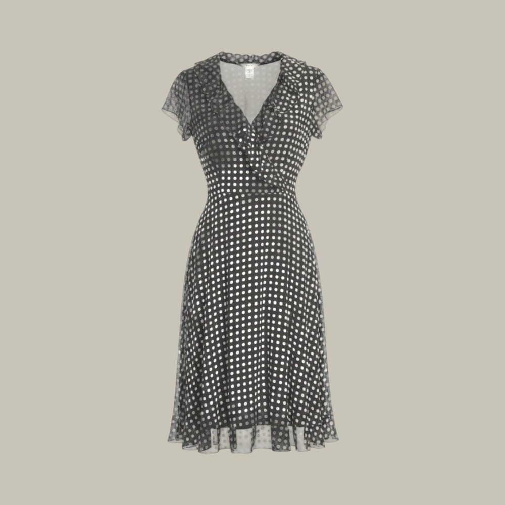 Vintage 90s J.B.S. Ltd. Sheer Chiffon 8P Black White Polka Dot Ruffle Midi Dress